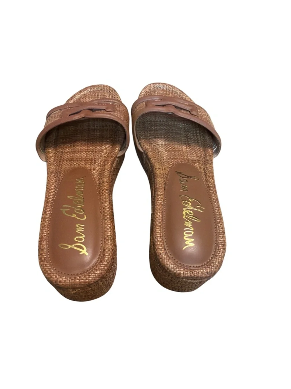NWOB Sam Edelman Pauline Raffia Platform Wedge Sandals Rich Cognac Size 9